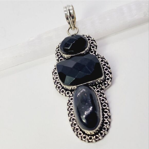 Black Quartz Sterling Silver Plated Pendant 2.8" Gemstone Jewelry - Picture 2 of 5